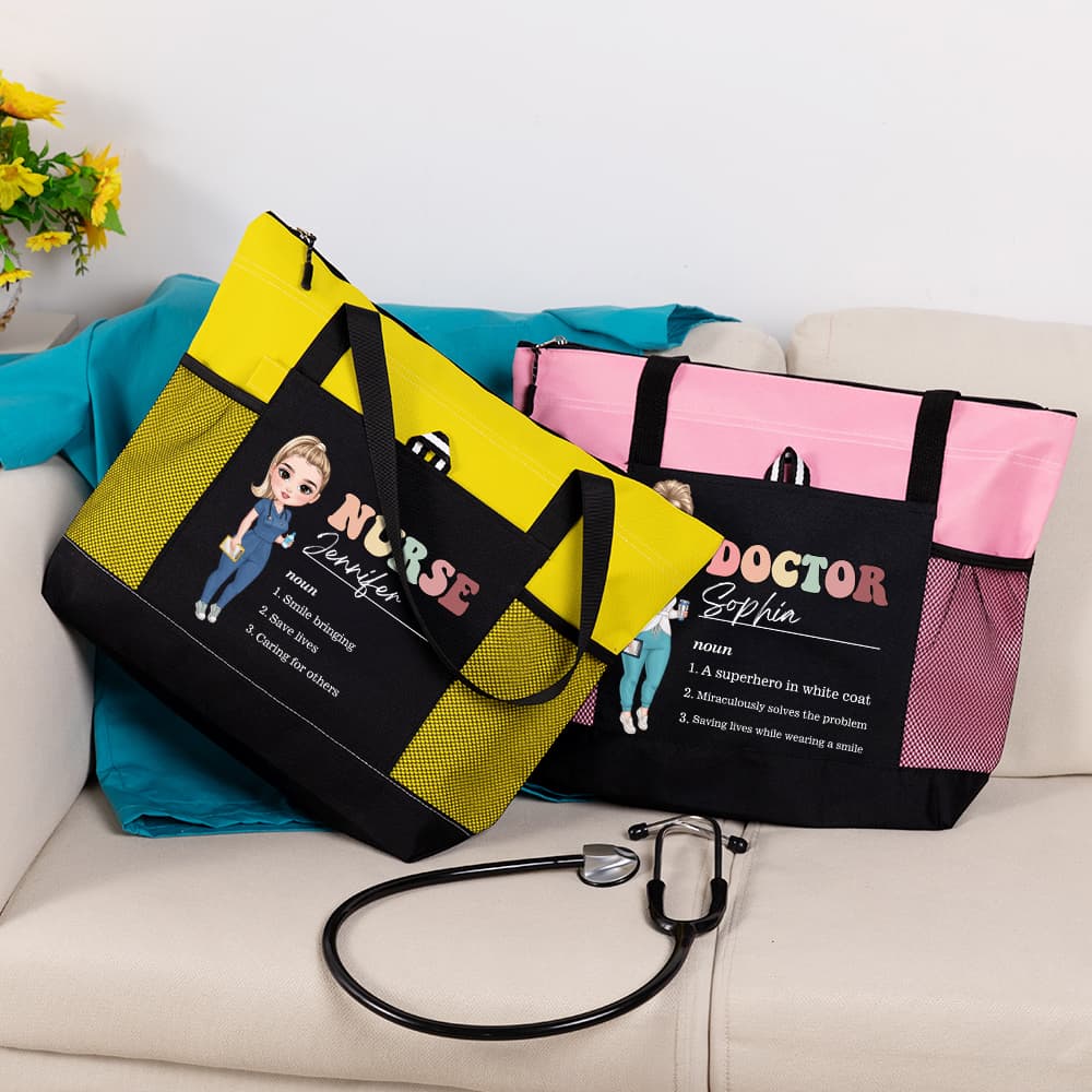 Henkilökohtainen sarjakuva Medical Character nimi 3 substantiivit Suuri Tote Bag Mesh taskut Syntymäpäivä kiitollisuus lahja Sairaanhoitaja