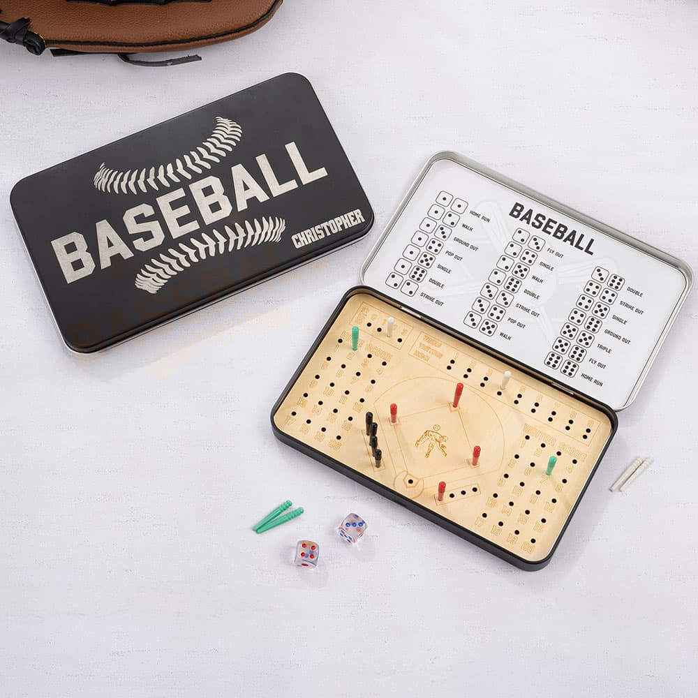 Henkilökohtainen Kannettava Puinen Baseball Cribbage Board 12 tappia 2 noppaa ja nimi Tin Box 2 pelaajaa Travel Game Syntymäpäivälahja Baseball