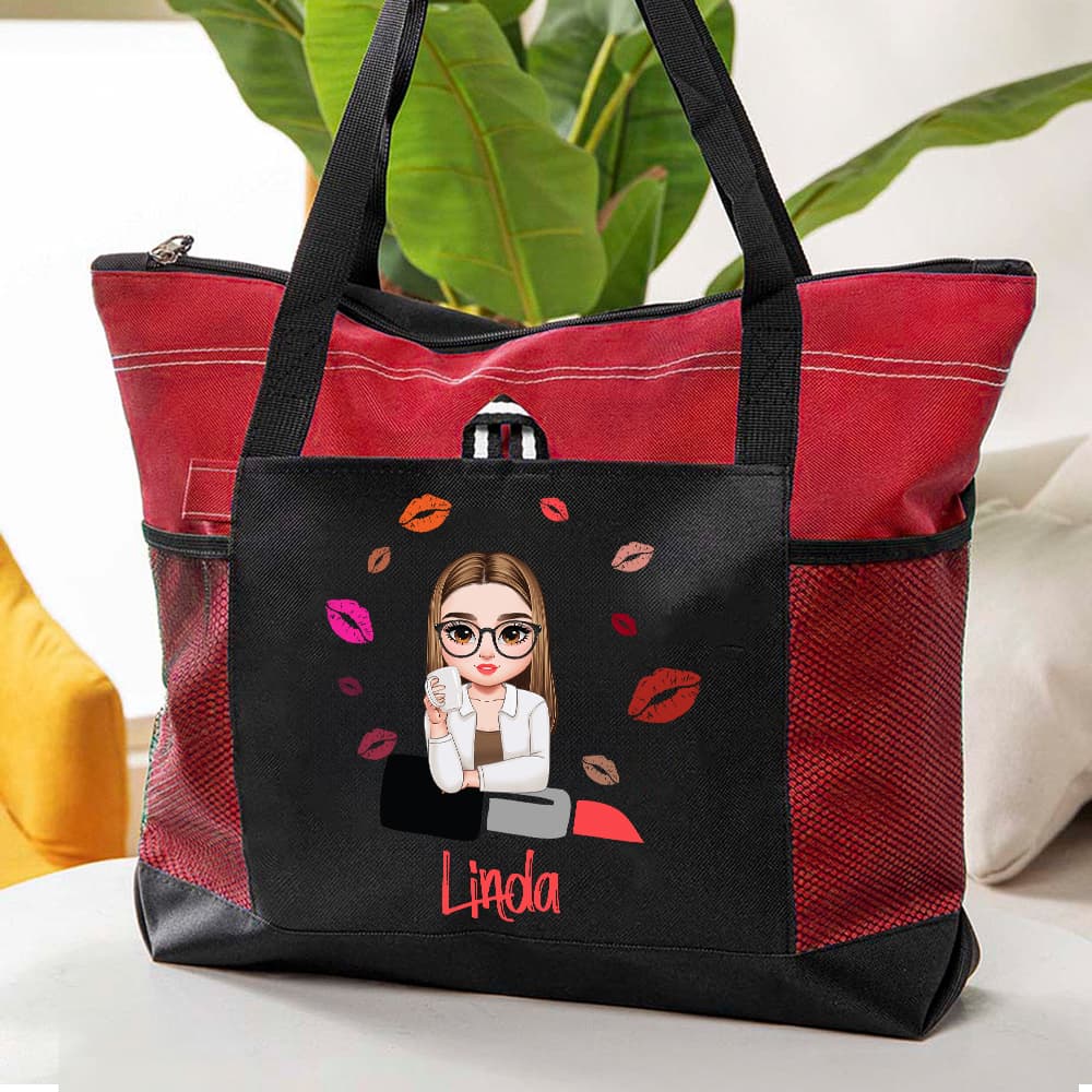 Henkilökohtainen sarjakuva muoti tyttö huulipuna suunnittelu suuri Kangaskassi nimi ja Mesh Pocket Travel Essentials syntymäpäivälahja naisille