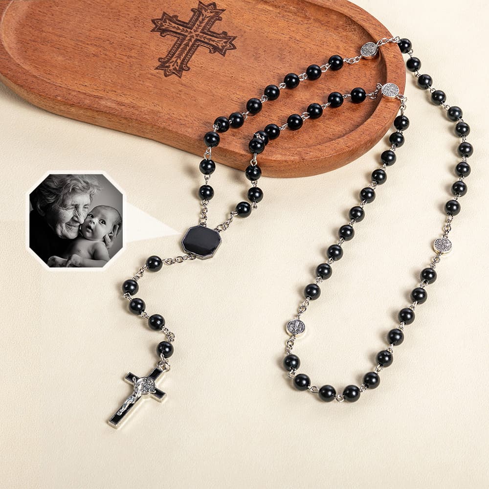 Henkilökohtainen Rosary Cross kaulakoru lämpö-aktivoitu piilotettu valokuva Uskonnollinen Memorial lahja kristityille