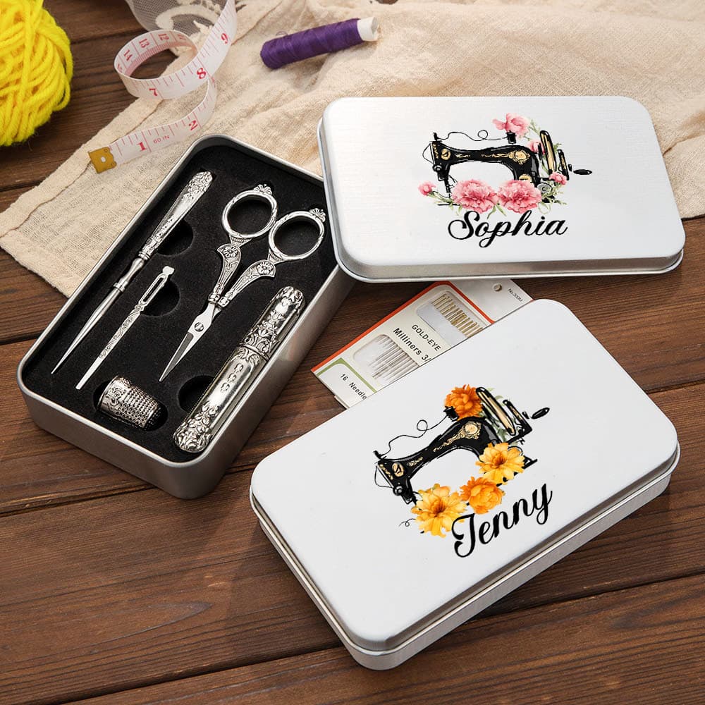 Henkilökohtainen Vintage ompelukone syntymä kukka 6 PCS ompelutyökalut asetettu Tin laatikko ja nimi syntymäpäivälahja räätälin ompelu