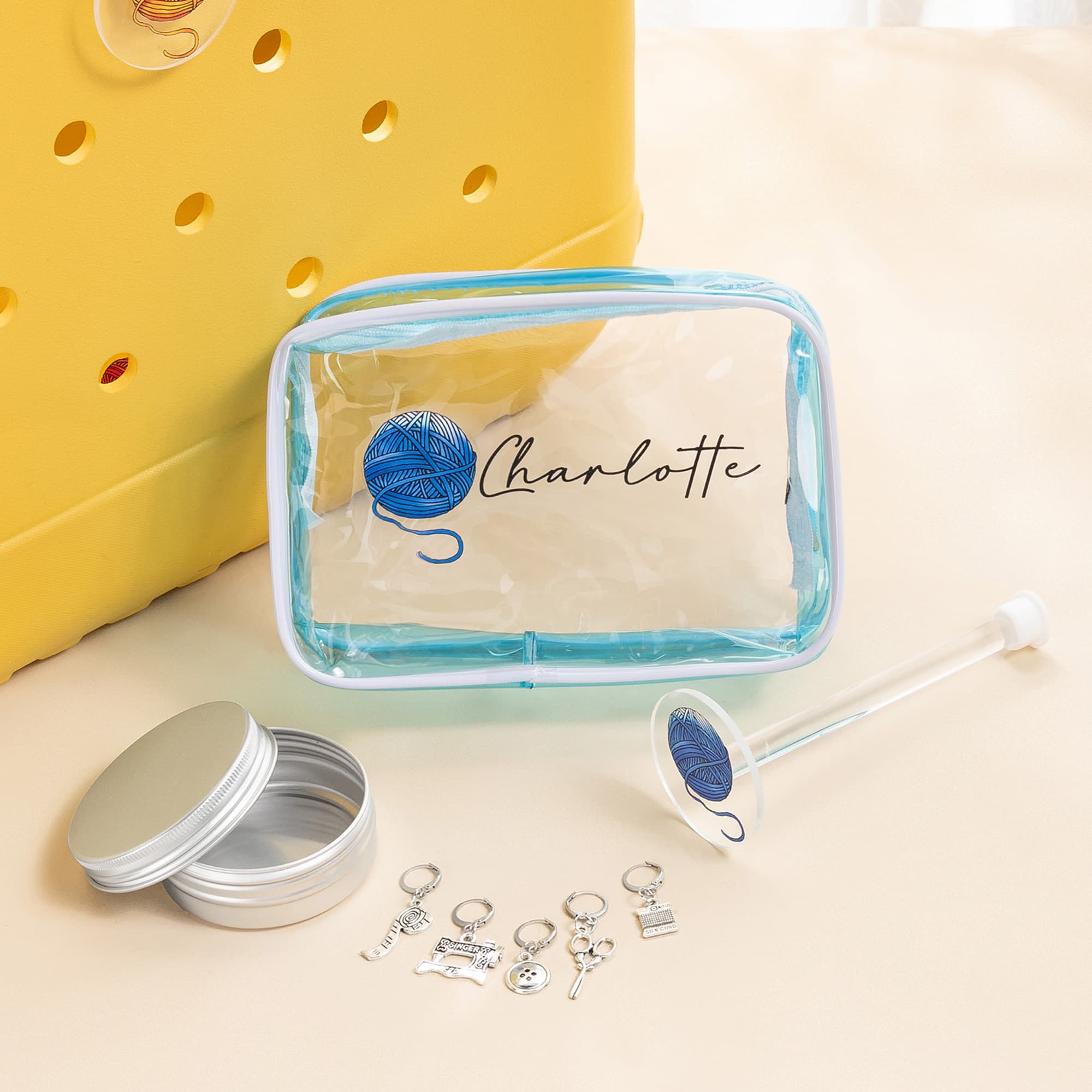 Henkilökohtainen lanka pallo lanka Spinner selkeä säilytyspussi asetettu nimi ja Stitch Marker virkku neulominen lisävaruste syntymäpäivälahja
