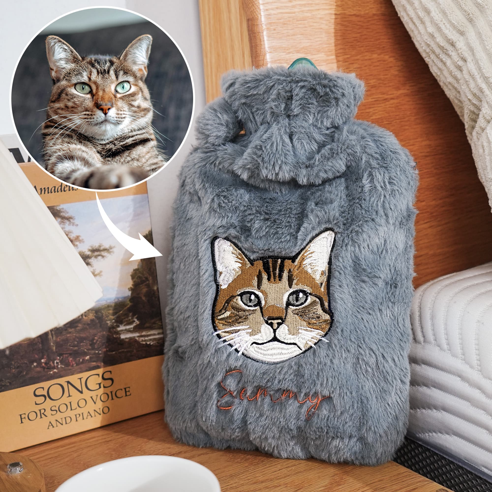 Henkilökohtainen kirjailtu nimi Pet Face Photo Plush Hot vesipullo Winter Essential syntymäpäivä joululahja lemmikkieläinten rakastaja omistaja