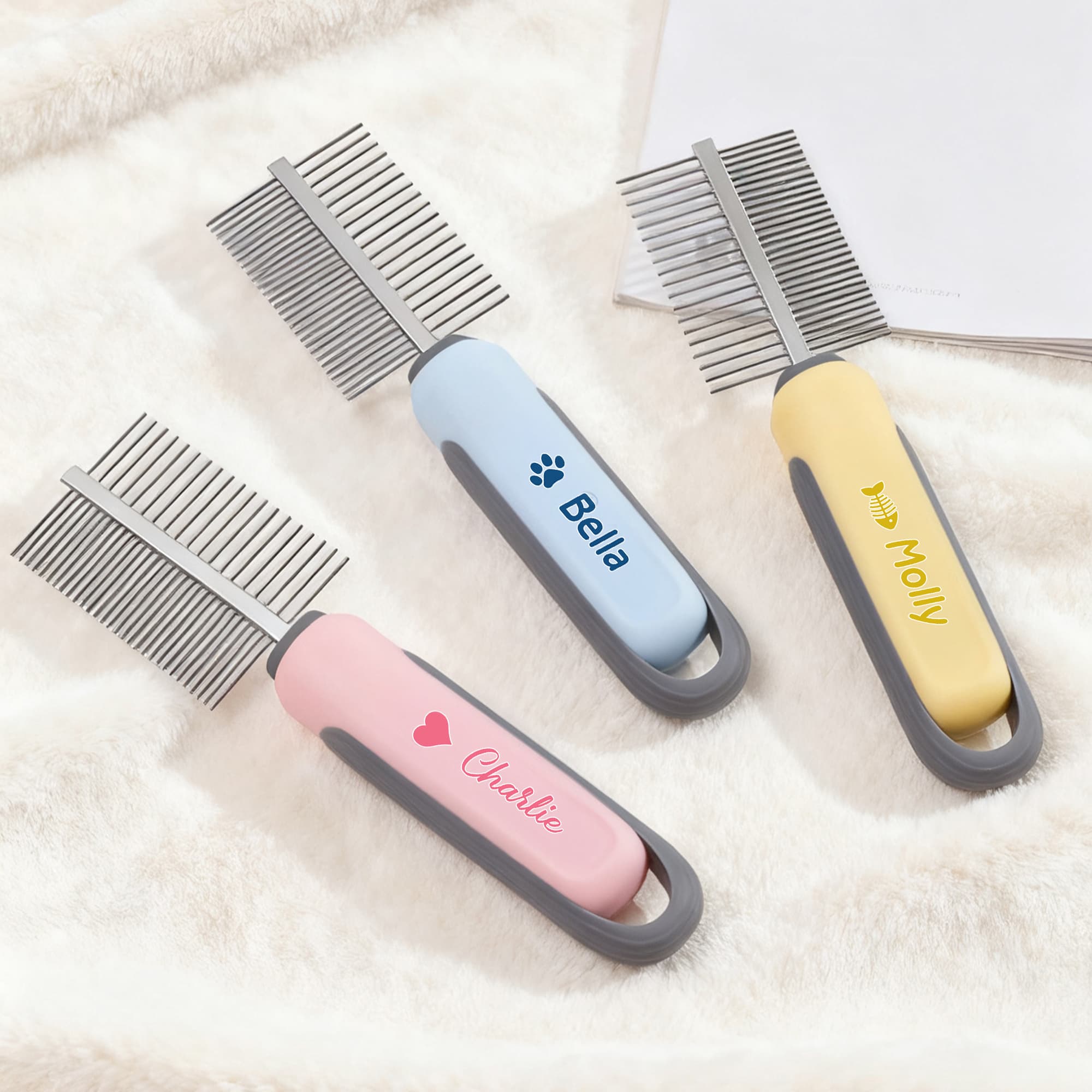 Henkilökohtainen Paw Print Fish Bone Pet Double Row Comb kanssa nimi Pet Salon syntymäpäivälahja lemmikkieläinten omistajille