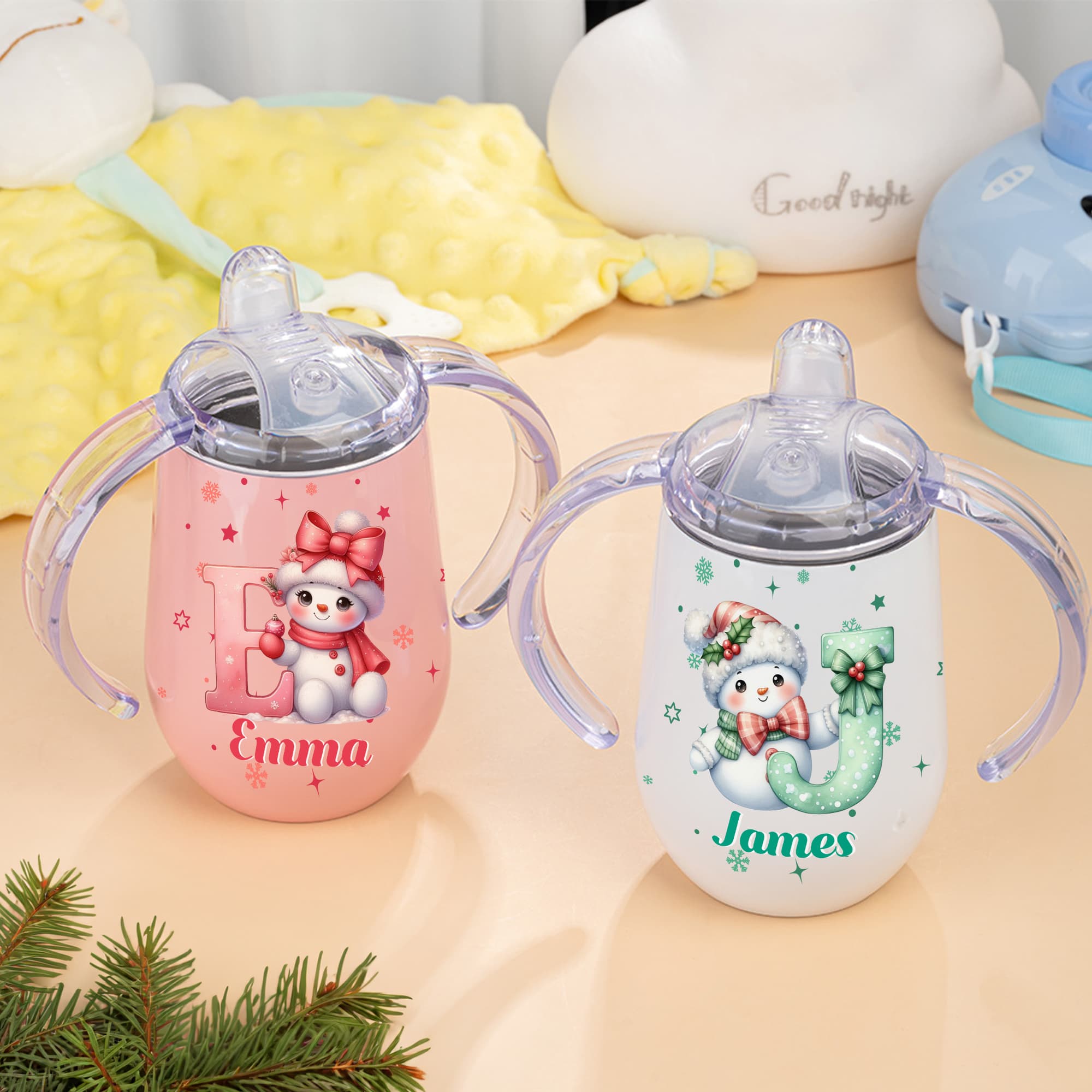 Henkilökohtainen sarjakuva Santa Hat Snowman Bow Initial 10 oz eristetty Sippy Cup nimi ja kahva Baby Shower syntymäpäivälahja pikkulapselle lapsi