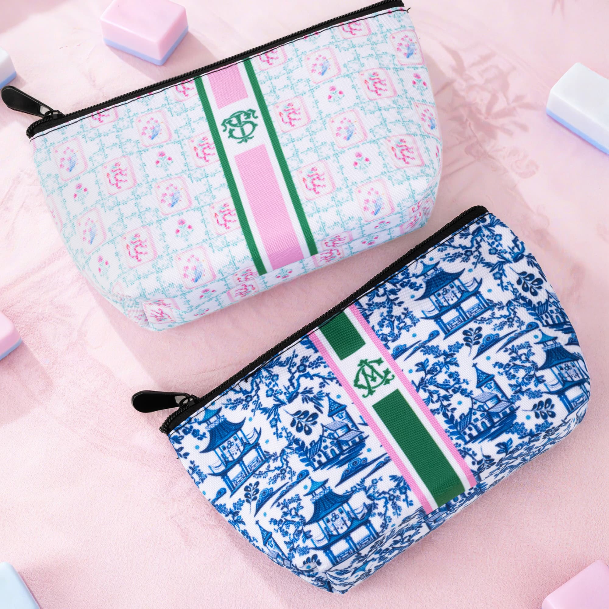 Henkilökohtainen Chinoiserie Monogrammed Mahjong laatat pussi Meikkipussi kanssa Initials Travel Accessory joulu syntymäpäivälahja Mahjong