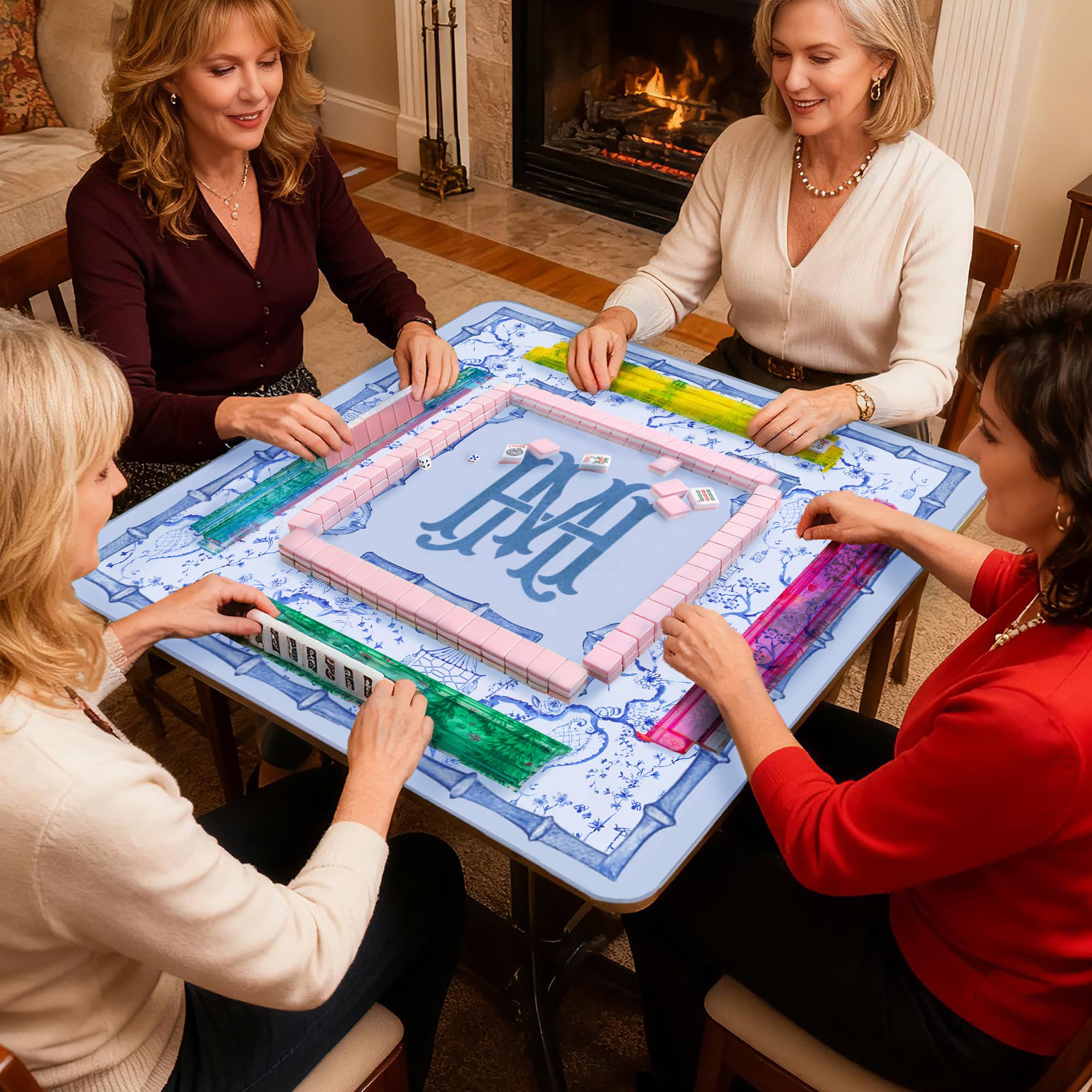 Henkilökohtainen Chinoiserie Siniset ja valkoiset kukat Monogrammi Mahjong matto säilytyslaukku peli tarvike syntymäpäivälahja Mahjong ystäville