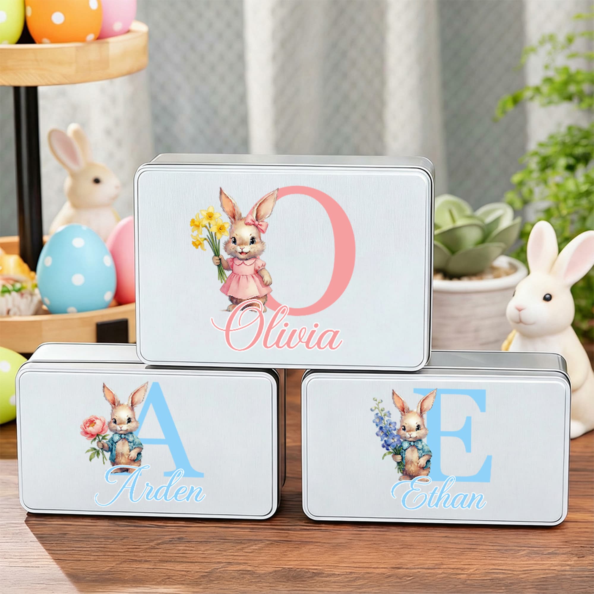 Henkilökohtainen Syntymä Kukka Söpö Bunny Pääsiäinen Biscuit Tin Box nimi ja Initial Pääsiäinen Party Pääsiäinen lahja lapsille