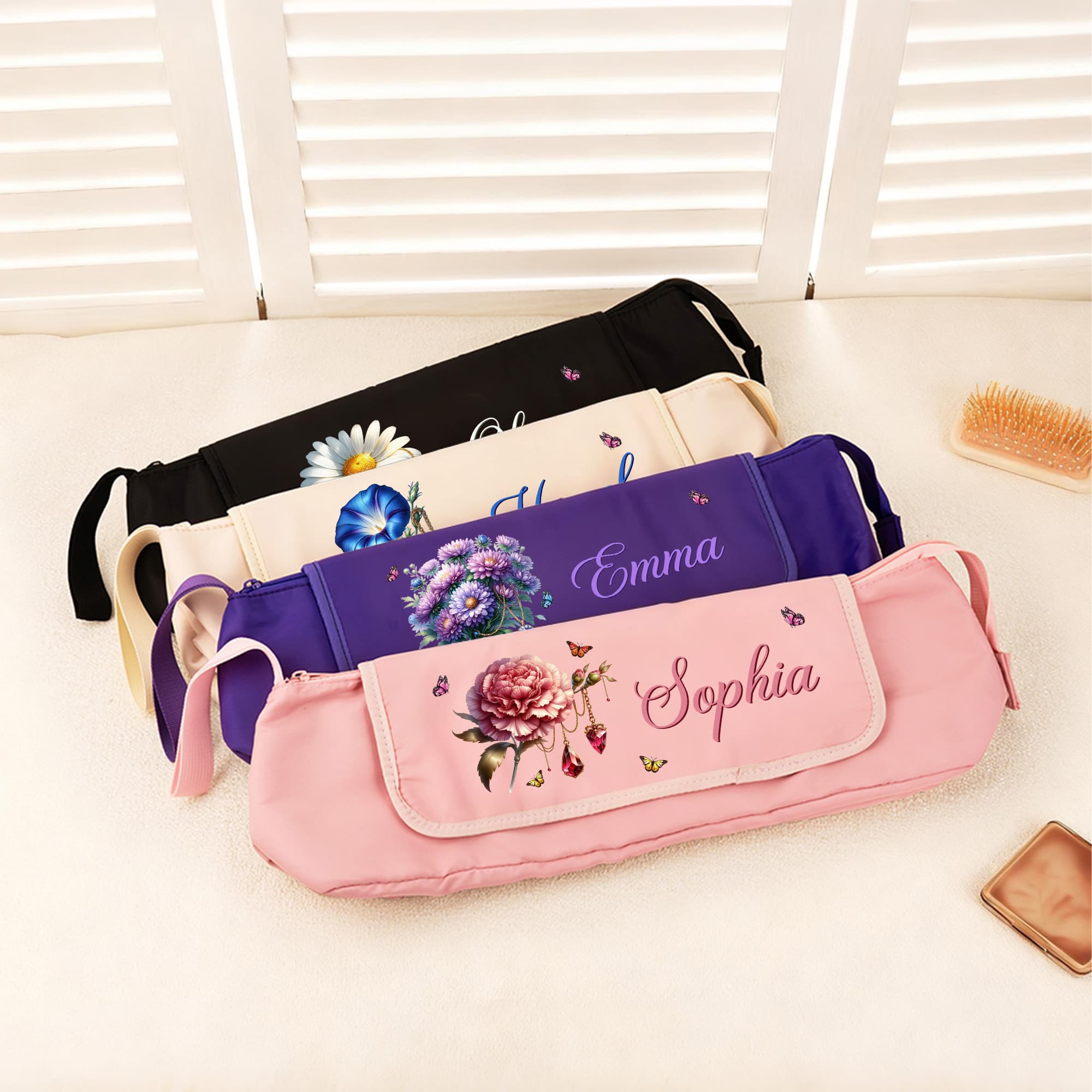 Henkilökohtainen Birthstone Syntymäpäivä Flower Multi-Compartment Hair Styling Tool Pussi nimi Syntymäpäivä lahja naisille kampaajat