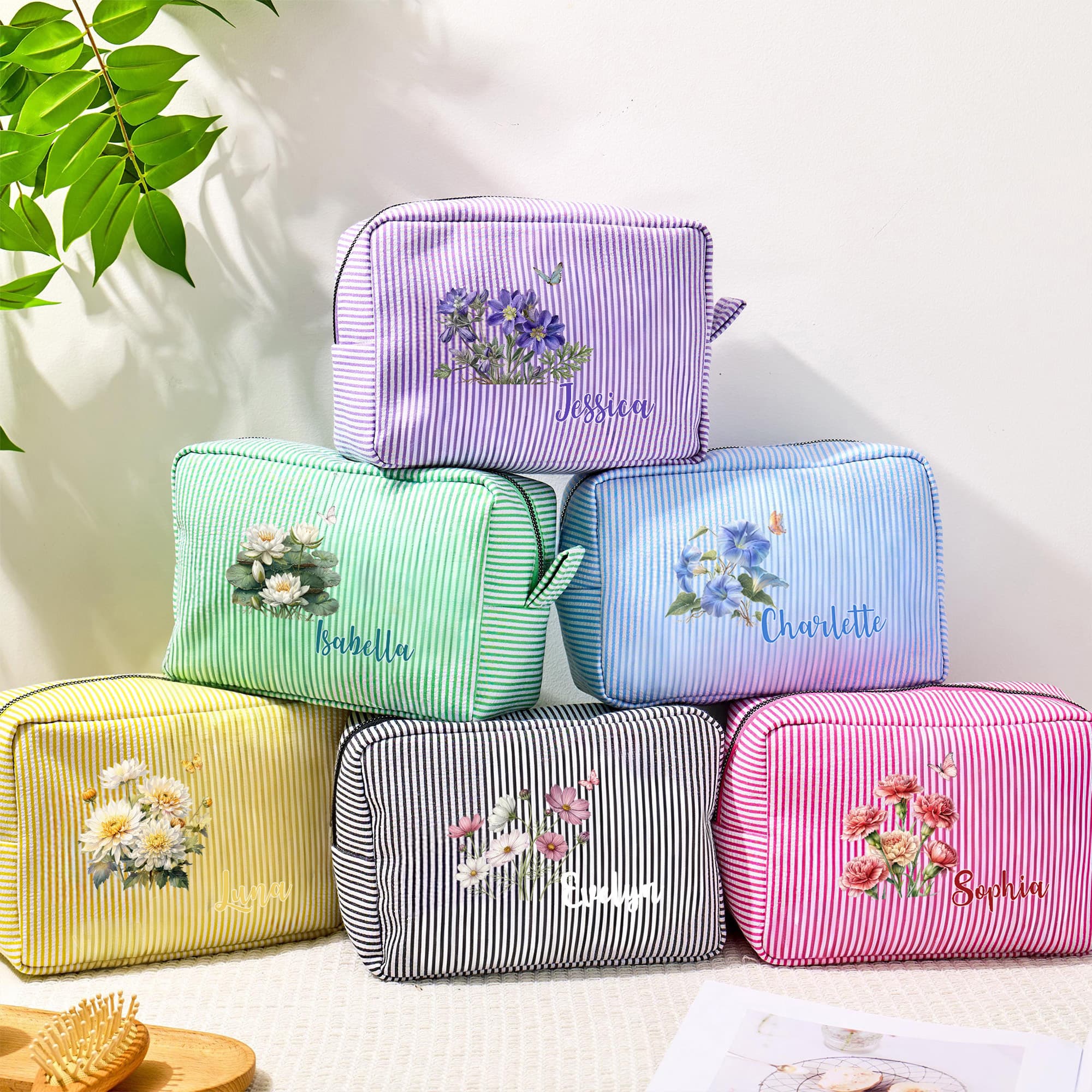 Henkilökohtainen Vintage syntymä kukka monivärinen kannettava raidat Makeup laukku nimi päivittäin Travel Essentials syntymäpäivä lahja