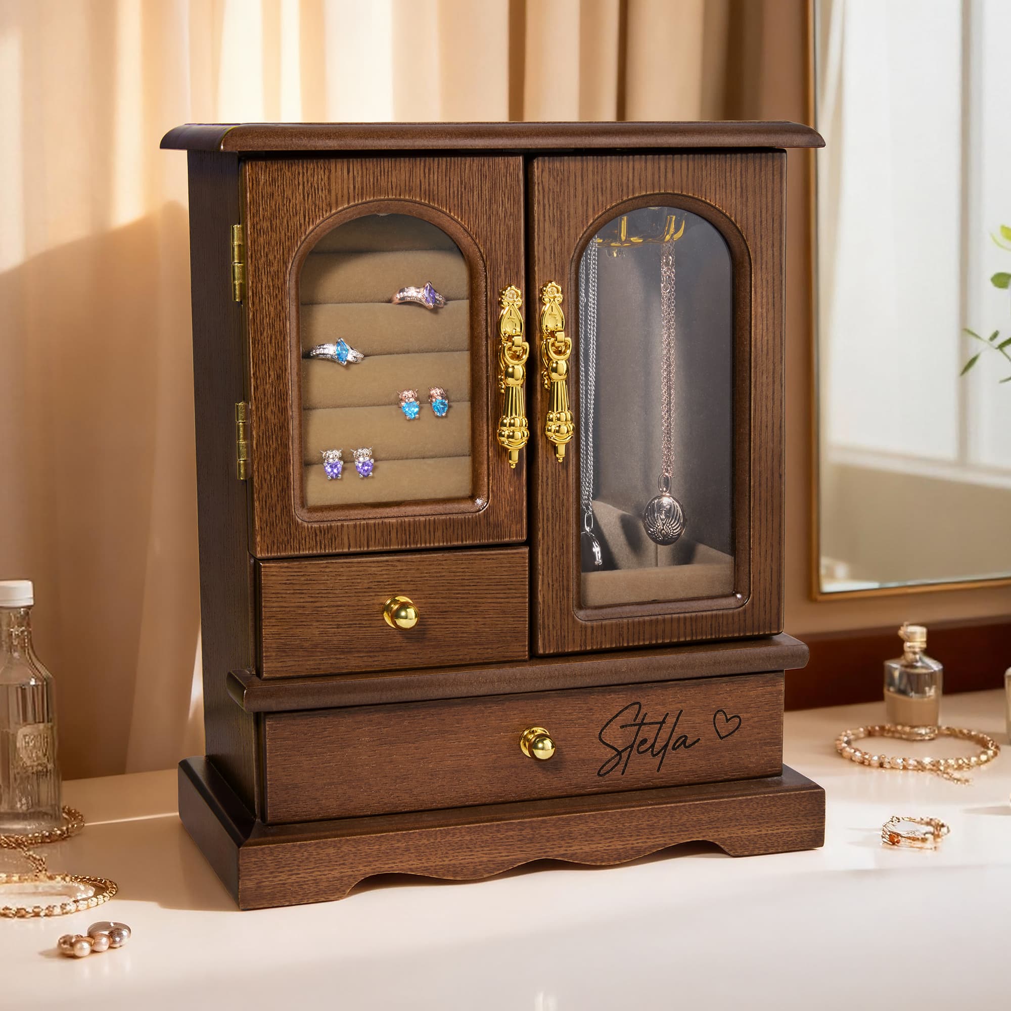 Henkilökohtainen Multi-Compartment Retro Kirjahylly Design Puinen Armoire Korut laatikko nimi ja Initial Syntymäpäivä Ystävänpäivä Häät