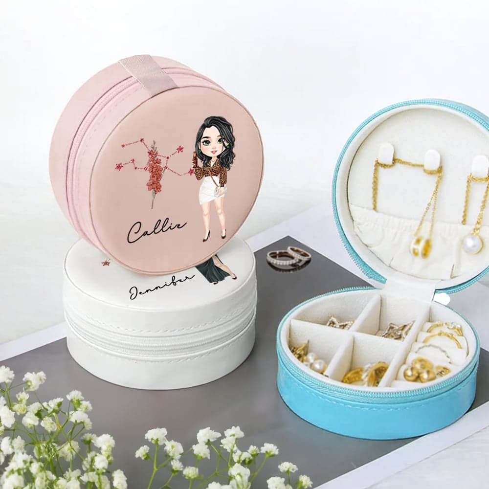 Henkilökohtainen Glitter Cartoon Character Zodiac Syntymä Flower Nahka vetoketju korut tapauksessa nimi Portable Bridal Shower syntymäpäivälahja