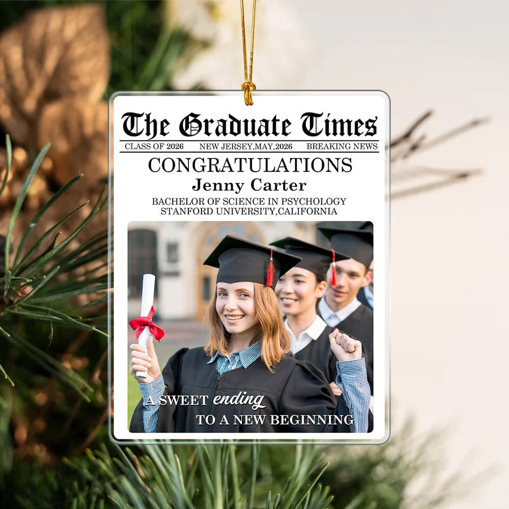 Henkilökohtainen Graduate Times Class of 2026 Akryyli valokuvakoriste, jossa nimi ja teksti Valmistumisjuhla muistolahja valmistuneille