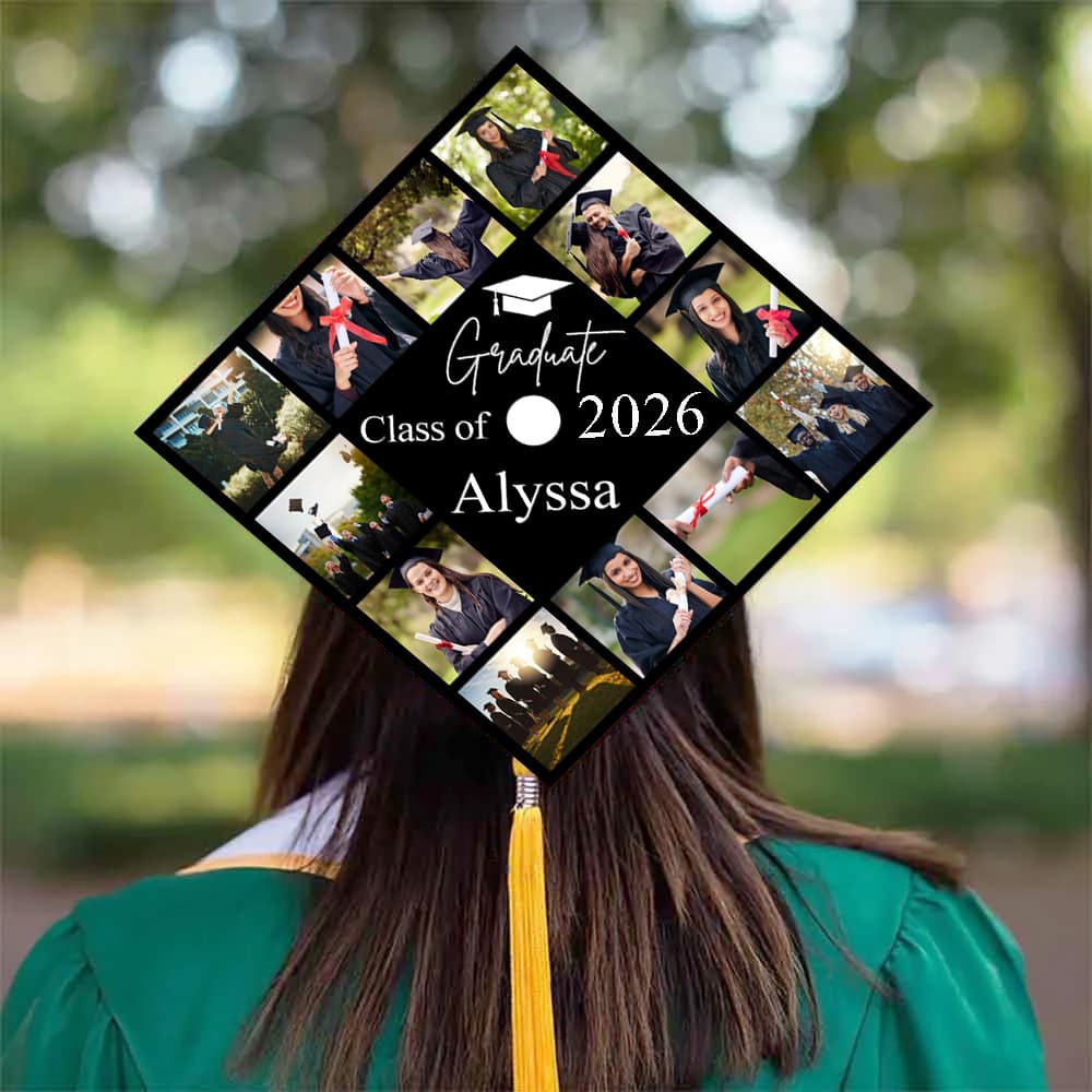 Henkilökohtainen 12 Photos Collage Valmistuminen Cap Topper kanssa nimi ja vuosi Valmistuminen osapuoli seremonia lahja luokan 2026 Valmistuneet