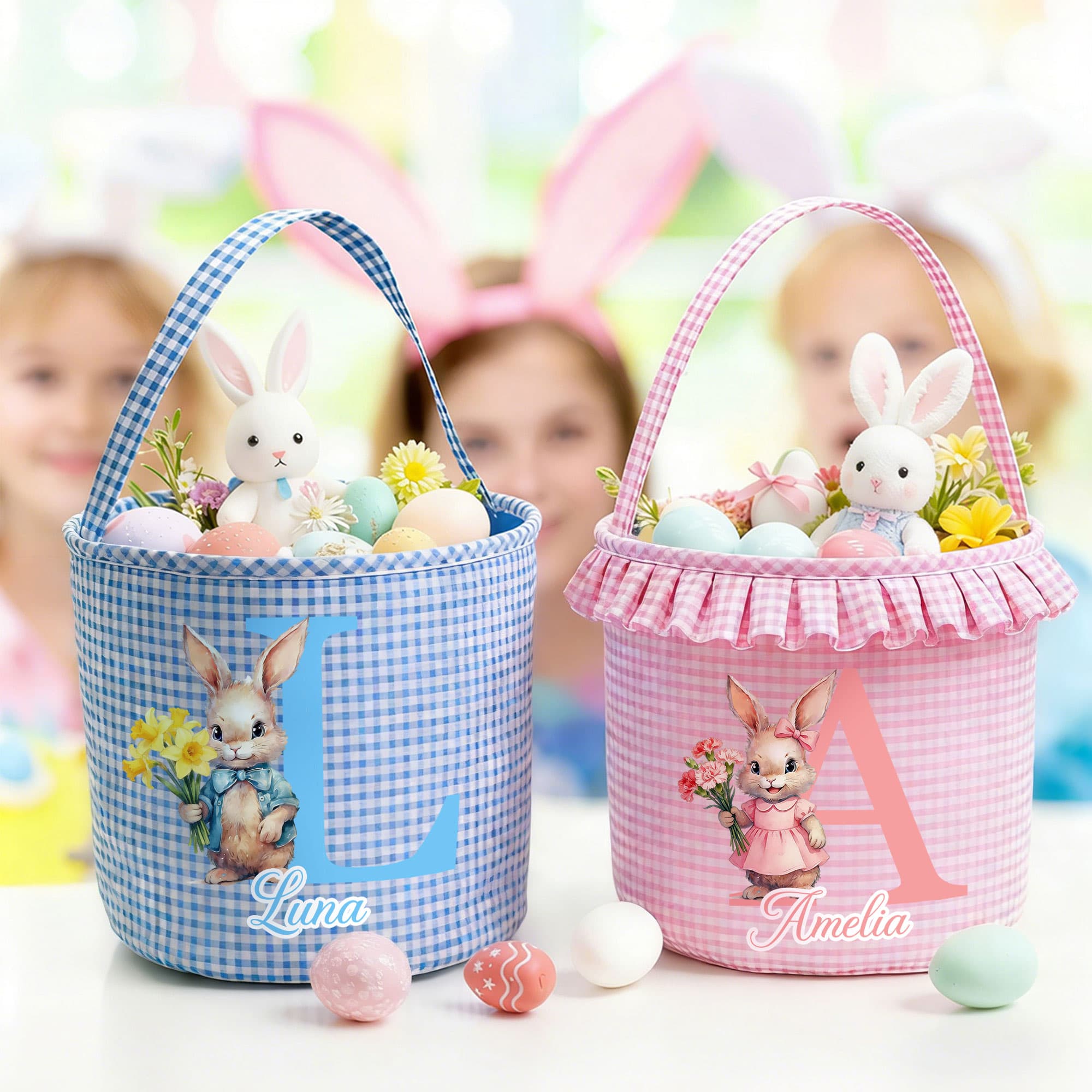Henkilökohtainen söpö Bunny syntymä kukka ruudullinen pääsiäiskori nimi pääsiäismuna metsästys pääsiäinen lahja pojille tytöt