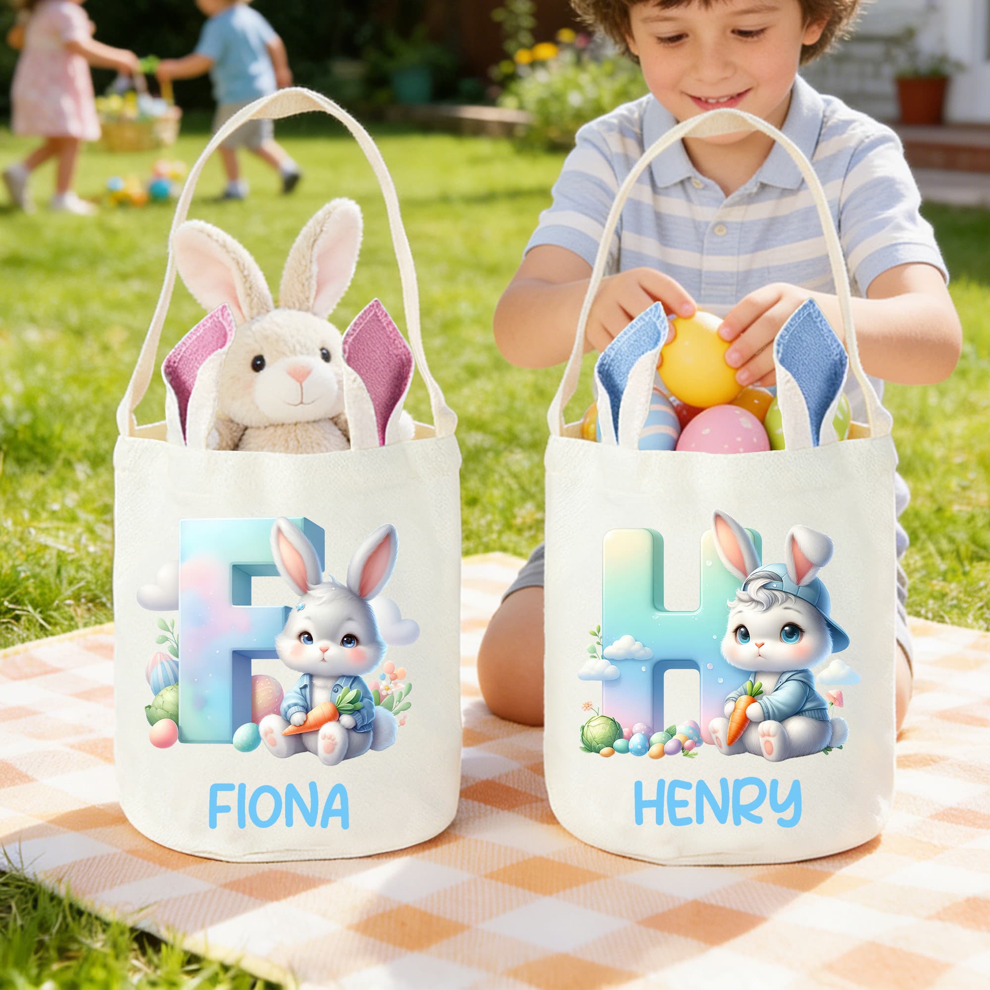 Henkilökohtainen söpö sarjakuva kani Initial Bunny Ears pääsiäiskori nimi Egg metsästys lisävaruste pääsiäislahja pojille tytöille