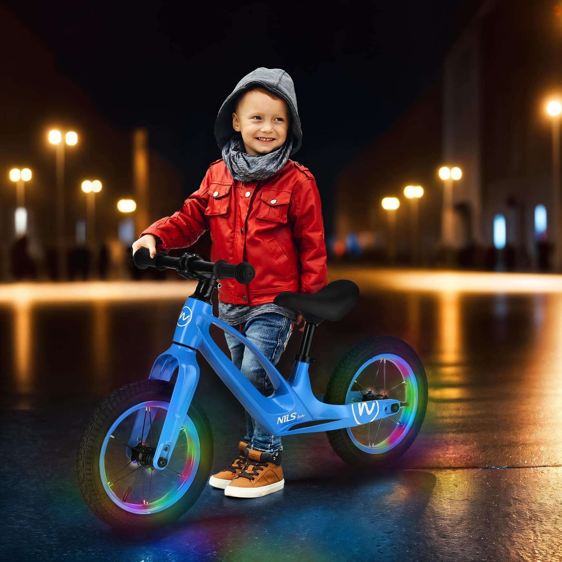 Lasten potkupyörä 12" LED-renkailla - vaaleansininen - Nils Fun