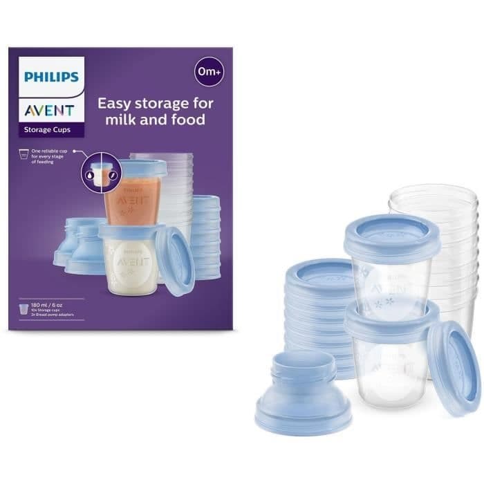 Säilytyspurkit - PHILIPS AVENT - Rintamaito - 10 purkkia à 180 ml + 2 sovitinta