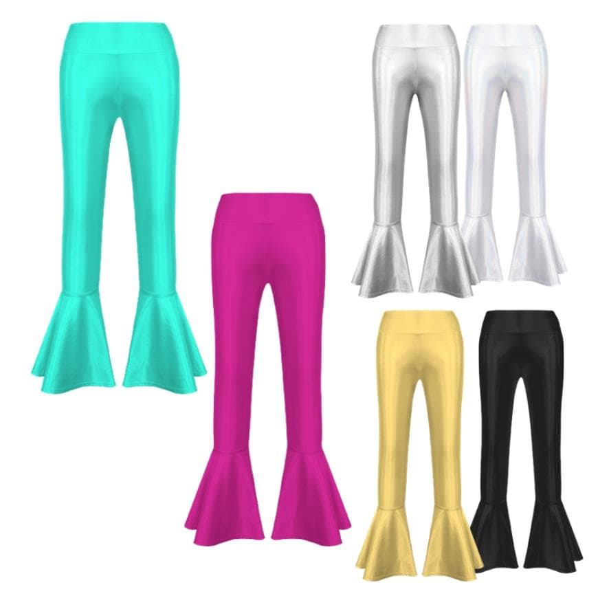 Bronzing Cloth High Waist Flare Trousers Kids Girls Dance Wear Stage Costume Ruffle Hem Bell Bottom Long Pants cm white