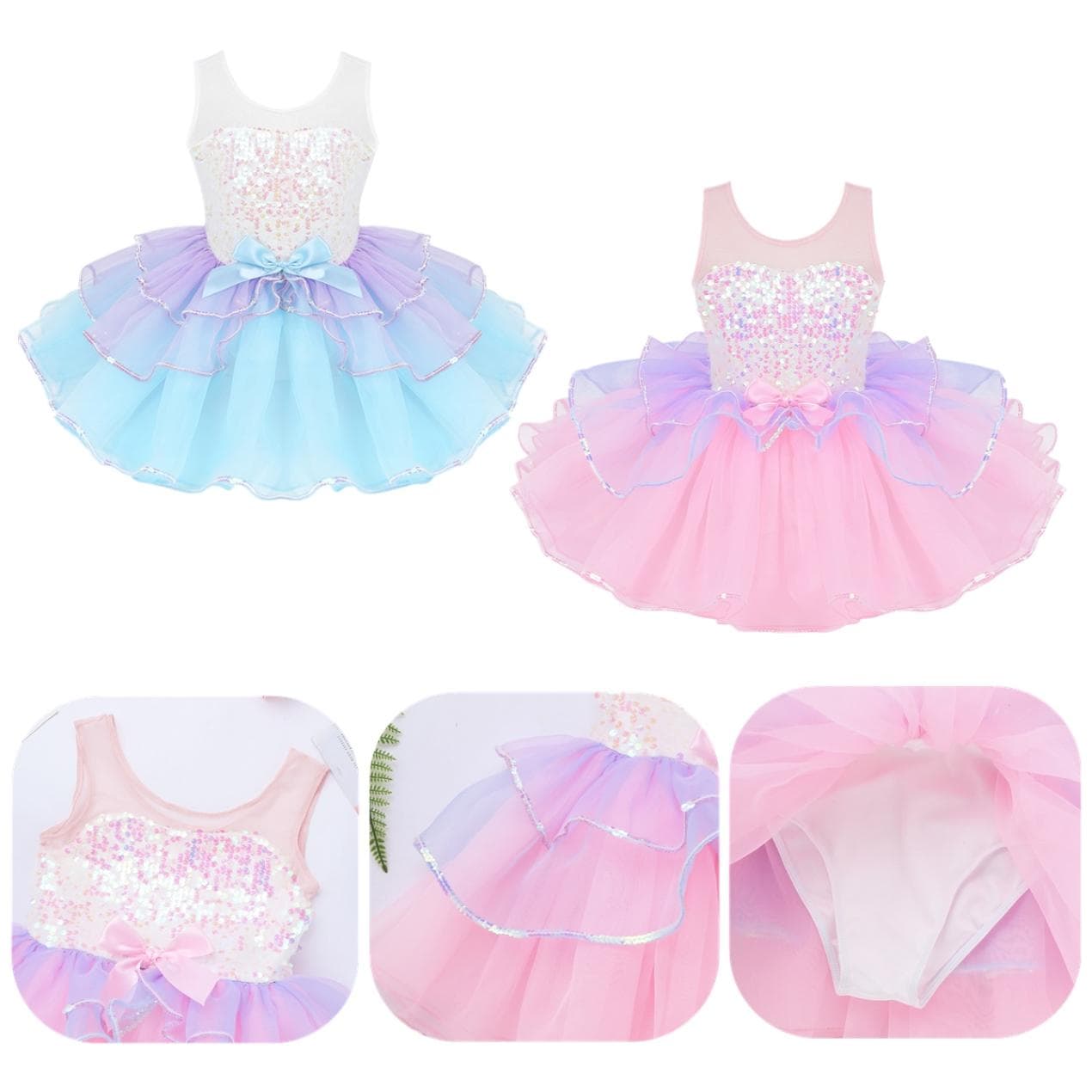 Kids Girls Dancewear Shiny Sequins Mesh Splice Bowknot on Waist Ballet Dance Gymnastics Leotard Tutu Dress cm pink