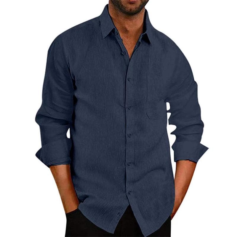 Summer Lapel Solid Color Men Clothing Long Sleeve Button Men's Cotton Linen Shirt cm