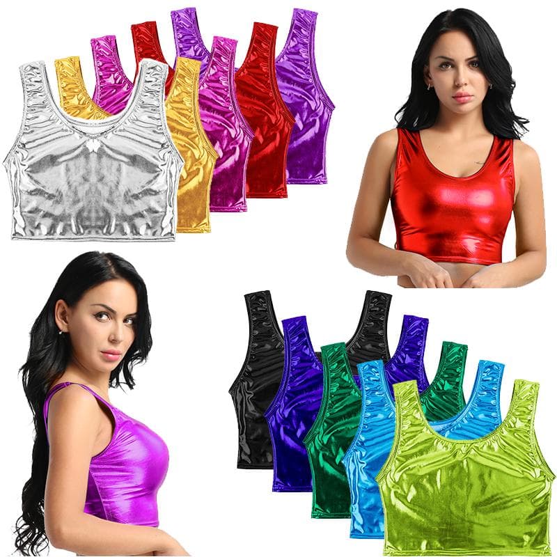 Fashion Women's Shiny Leather Metallic Sleeveless Scoop Neck Crop Tank Tops cm lake blue