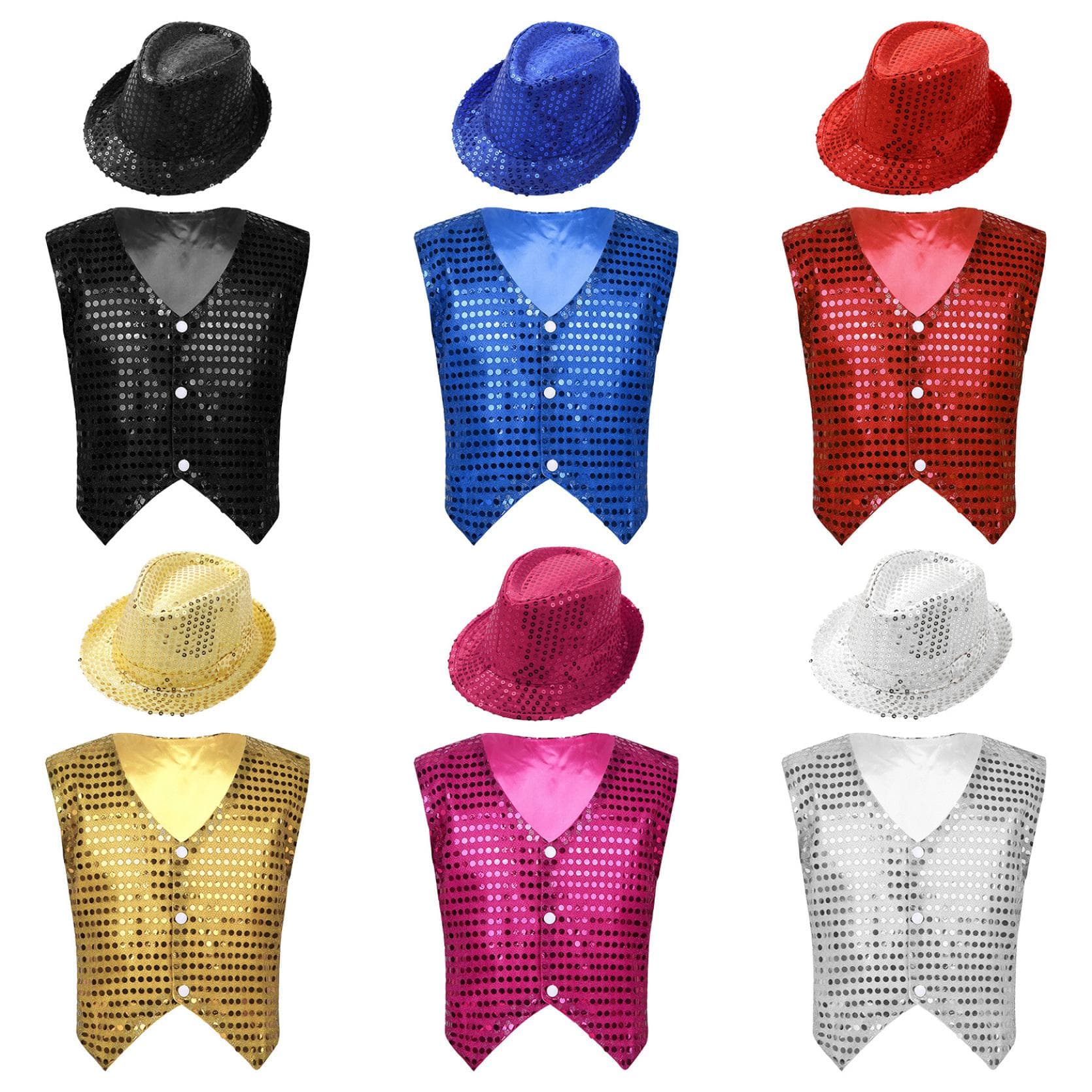Kids Boys Girls Sleeveless Shiny Sequined Button Closure Front Vest Waistcoat and Hat for Jazz Dance Stage Performance cm Rose