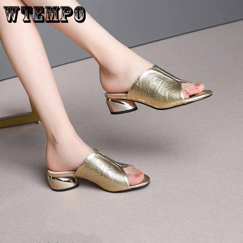 Slippers women's large size thick heel sandals in the heel soft leather wear half drag gold silver cm