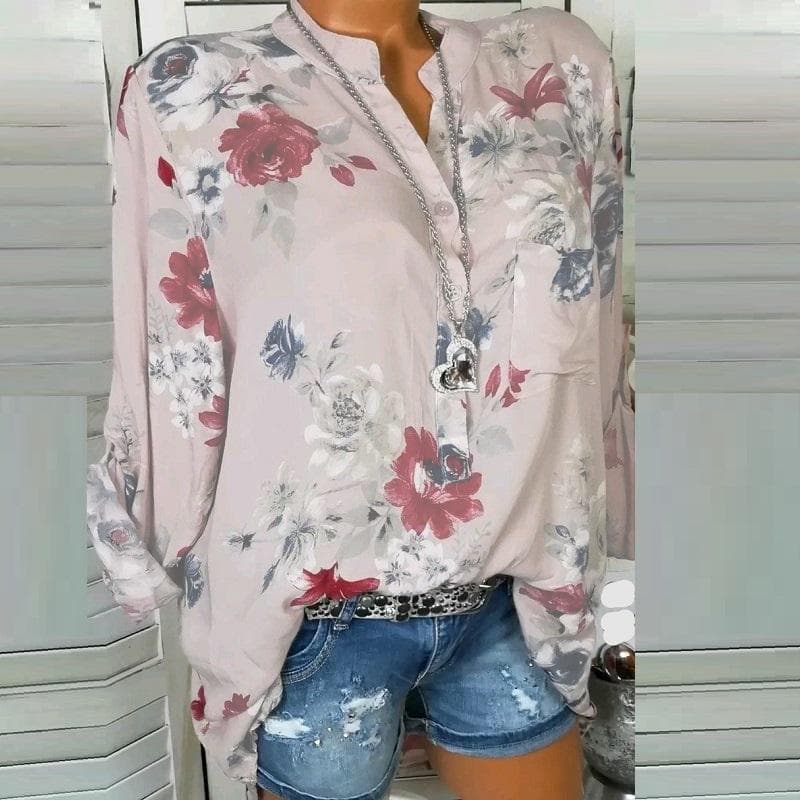 Plus Size Blouse Women Shirt Floral Print V Neck Tops Long Sleeve Buttons Oversized Blouses Red Green Clothing cm white