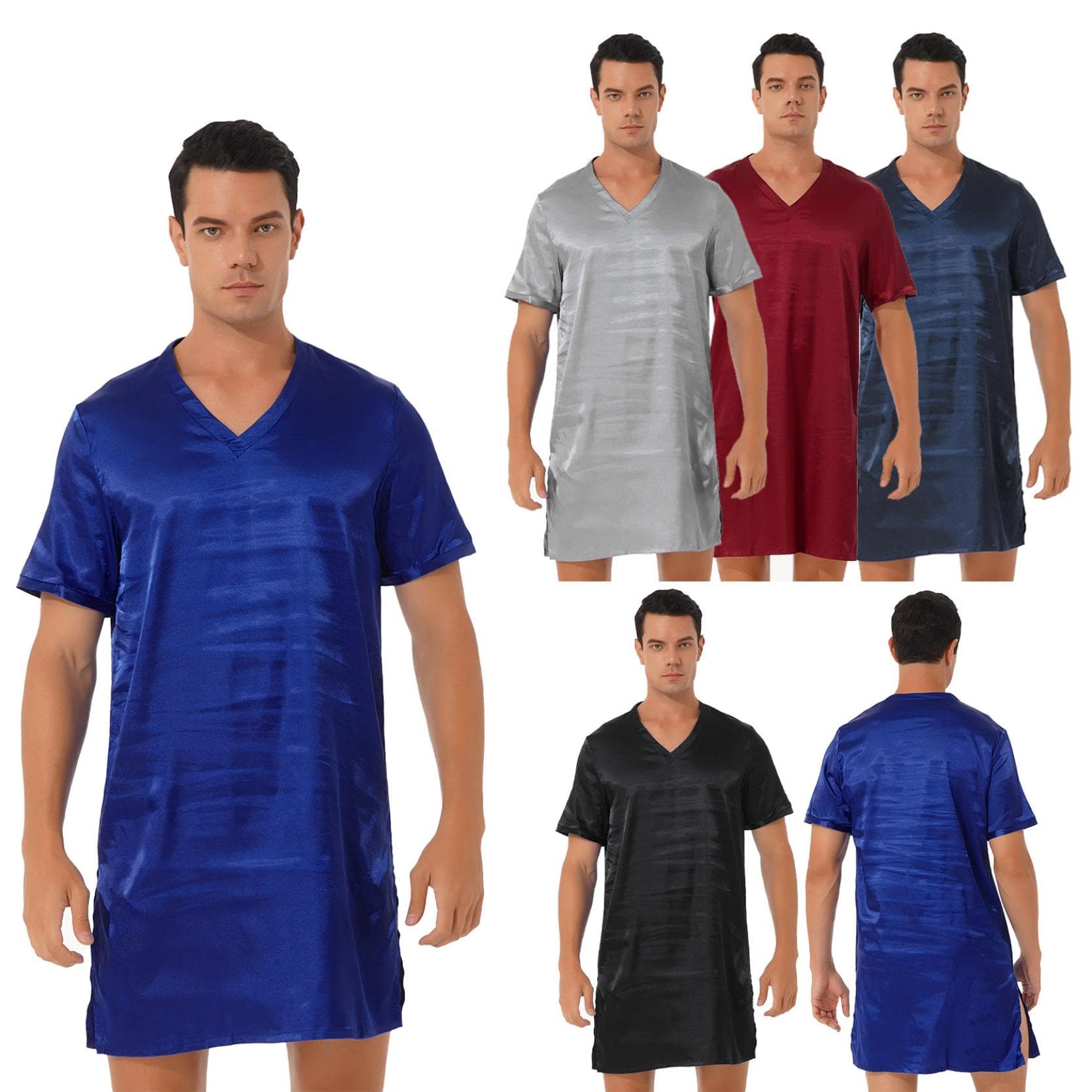 Sleepwear Mens Silk Satin Nightshirt Short Sleeve Pajamas Nightgown Night Shirts for Sleeping cm royal blue