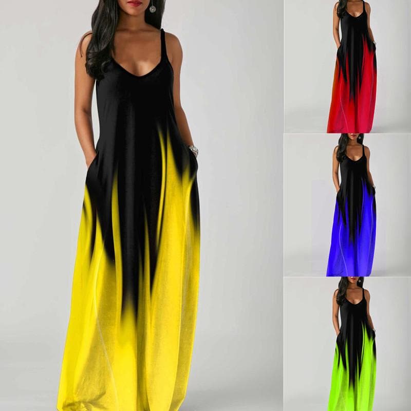 Women Summer Spaghetti Strap A Line Loose Long Gradient Print Dress Plus Size cm gold