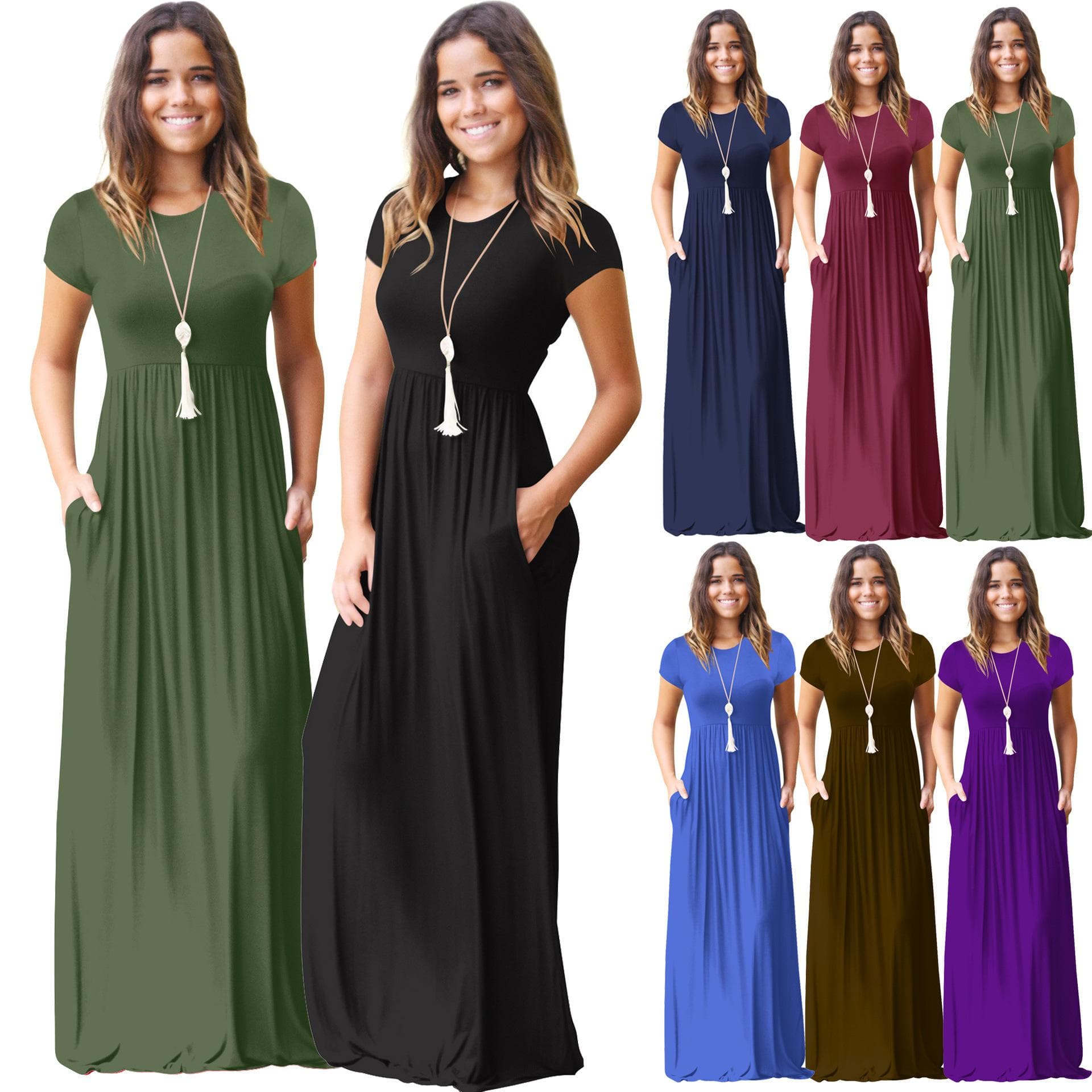 Summer Short Sleeve Maxi Dress Women Solid Boho Beach Dress Ladies Evening Party Long Dress Sundress cm