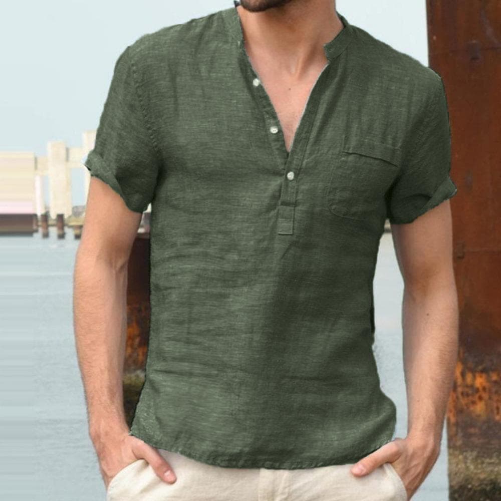 Summer Cotton Linen Short Sleeve Men's Shirt Solid Color Pocket Stand Neck Button Half Open Black Shirts S-5XL cm white