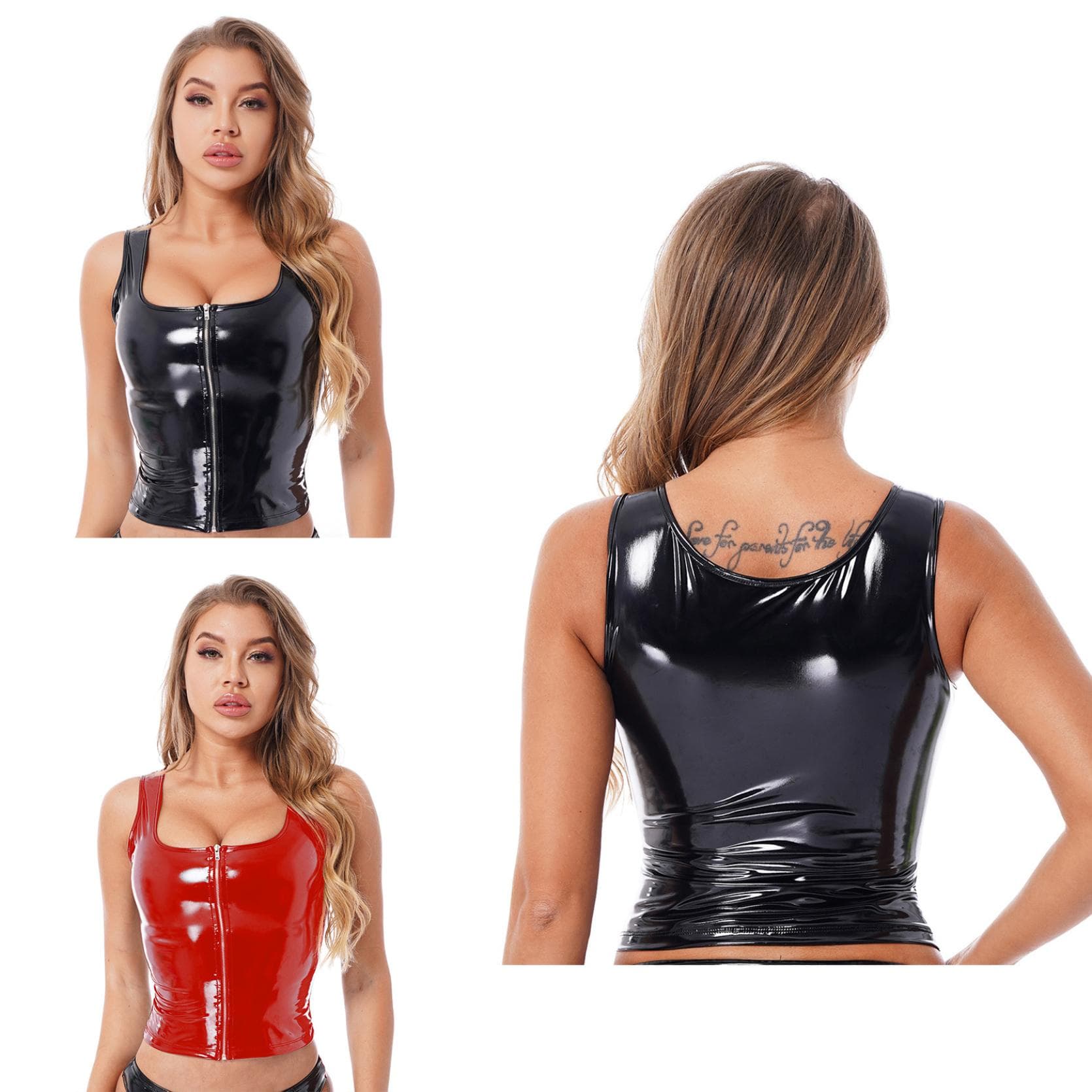 Sexy Women PVC Shiny Zipper Open Short Tank Tops Latex Moto & Biker Punk Short Tops cm black