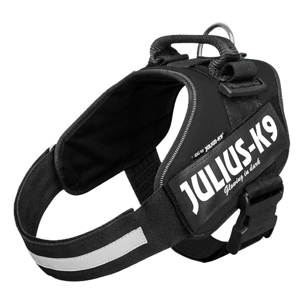 Setti: JULIUS-K9®-Power -valjaat - musta + Julius-K9 -tuplatalutushihna, kumipintainen - valjaskoko 1 + talutushihna 220 cm (alle 50 kg)