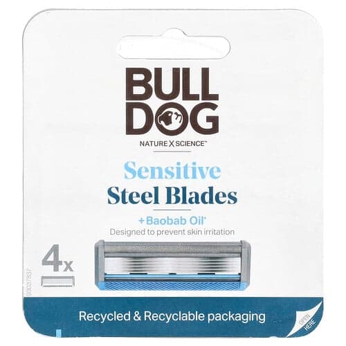 Bulldog Skincare For Men, Herkät teräksiset parranajosterät + baobaböljy, 4 patruunaa