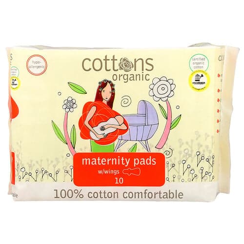 Cottons, 100 % puuvillaa, mukavat, siivekkäät äitiyssuojat, paksut, hajusteettomat, 10 sidettä