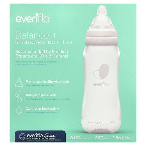 Evenflo Feeding, Balance+ pullot, vakio, 0+ kuukautta, hidas virtaus, 3 pulloa, 9 unssia (270 ml) kukin