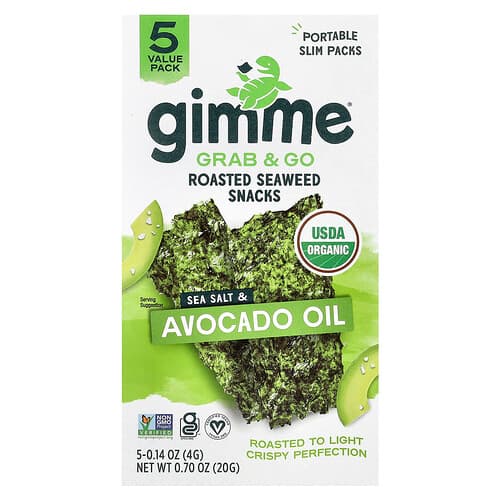 gimMe, Nappaa ja mene -paahdettuja merileväsnackseja, merisuolaa ja avokadoöljyä, 5 kpl, 4 g/kpl