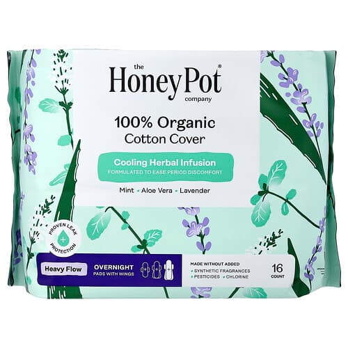 The Honey Pot Company, 100 % luomupuuvillaa, yön yli -suojat siivillä, paksut, 16 kpl
