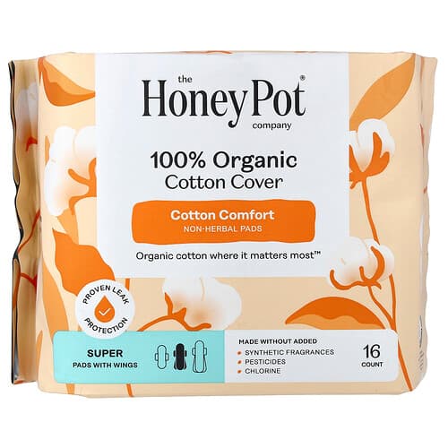 The Honey Pot Company, 100 % luomupuuvillapäällinen, yrttivapaat siivekkeet, Super, 16 kpl