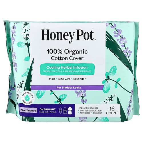 The Honey Pot Company, Orgaaninen viilentävä yrttiuute, siivekkeet, yön yli kestävään virtsankarkailuun, 16 kpl