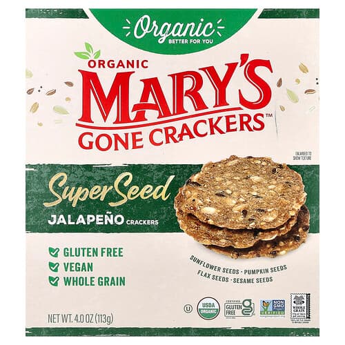 Mary's Gone Crackers, Luomu Super Seed Crackers, jalapeno, 113 g
