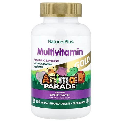 NaturesPlus, Animal Parade® Gold, lasten pureskeltava monivitamiini, rypäle, 120 eläinmuotoista tablettia