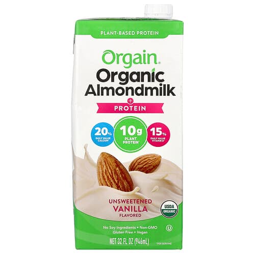 Orgain, Luomu mantelimaito + proteiini, kasvipohjainen, makeuttamaton vanilja, 946 ml