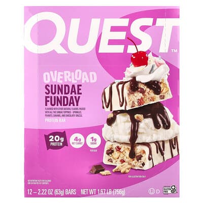 Quest Nutrition, Overload-proteiinipatukka, Sundae Funday, 12 patukkaa, 63 g/kpl