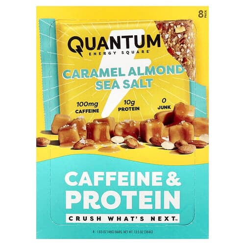 Quantum Energy Square, Kofeiini- ja proteiinipatukka, karamelli-manteli-merisuola, 8 patukkaa, 48 g/kpl