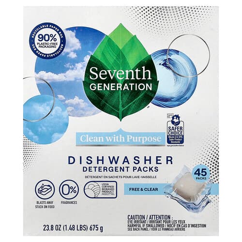 Seventh Generation, Astianpesukoneen pesuainepakkaukset, Free & Clear, 45 pakkausta, 675 g