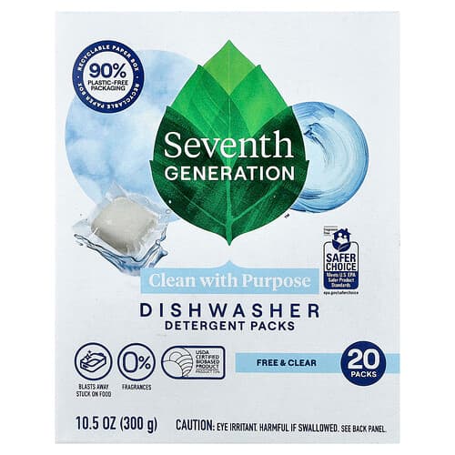 Seventh Generation, Astianpesukoneen pesuainepakkaukset, Free & Clear, 20 pakkausta, 300 g