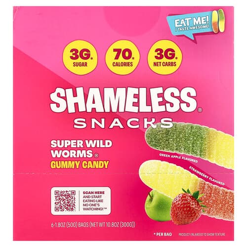 Shameless Snacks, Super Wild Worms® -karkkikarkit, vihreä omena ja mansikka, 6 pussia, 50 g/pussi